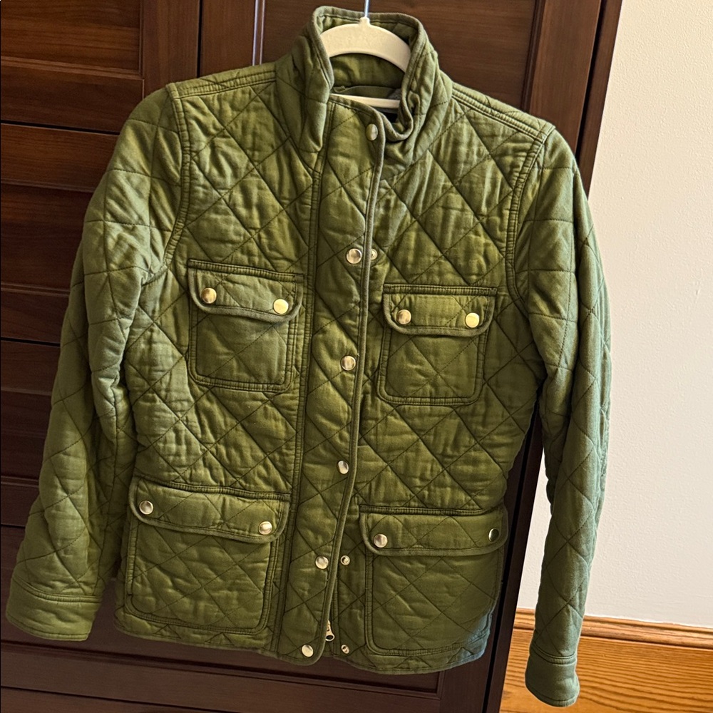J. Crew Quilted Green Jacket with Gold Snap Buttons